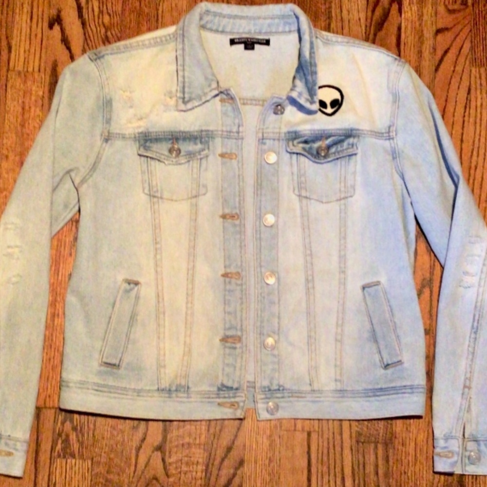 Alien Face Patch Distressed Denim Jacket - image 2